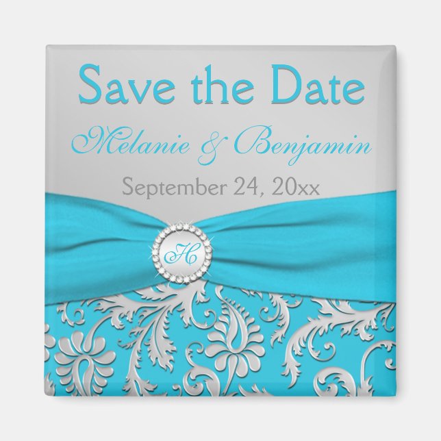 Turquoise and Silver Damask Save the Date Magnet (Front)