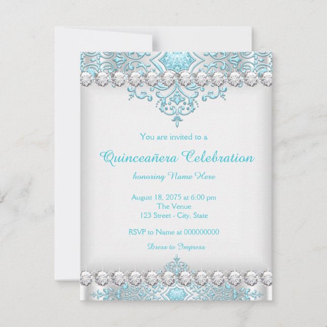 Turquoise and Silver Diamond Quinceanera Invitation (Front)