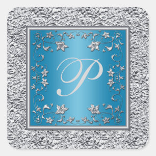 Turquoise and Silver Foil Floral Monogram Sticker