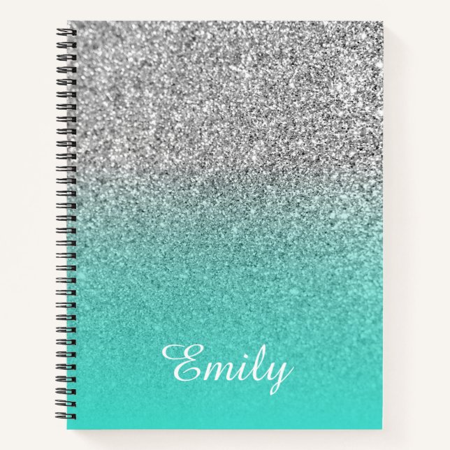 Turquoise and Silver Ombre Glitter Personalized Notebook (Front)
