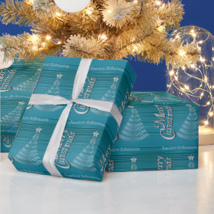 Turquoise and Silver Scribble Christmas Tree Wrapping Paper