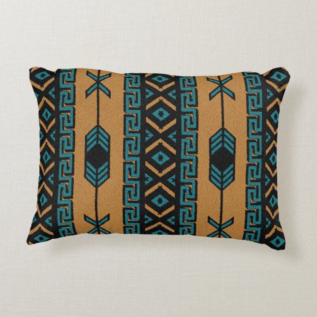 Turquoise And Tan Southwest Tribal Aztec Pattern Accent Pillow (Back)