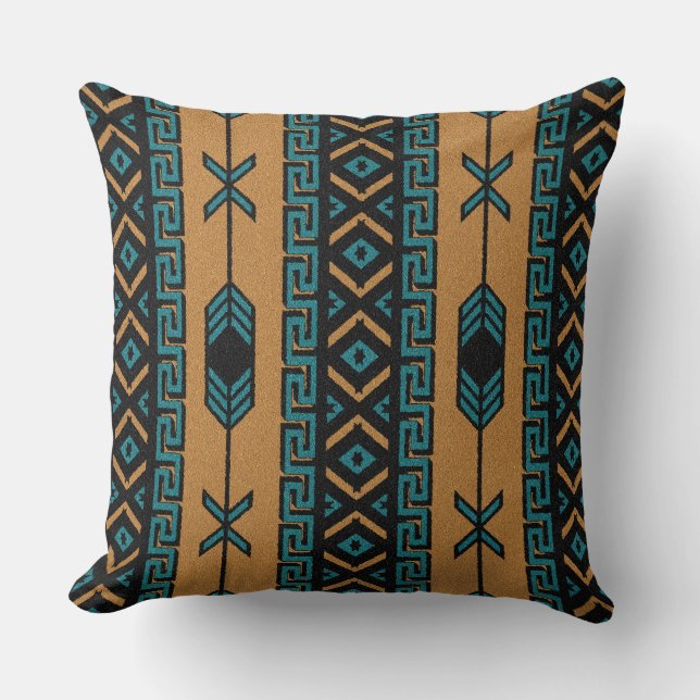 Turquoise And Tan Southwest Tribal Aztec Pattern Throw Pillow (Front)