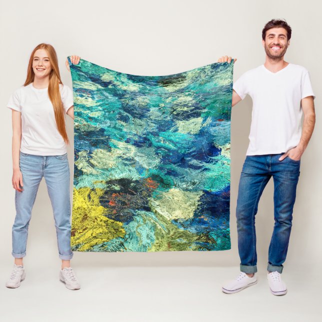 Turquoise and Teal Abstract Tide Pool Fleece Blanket (In Situ)