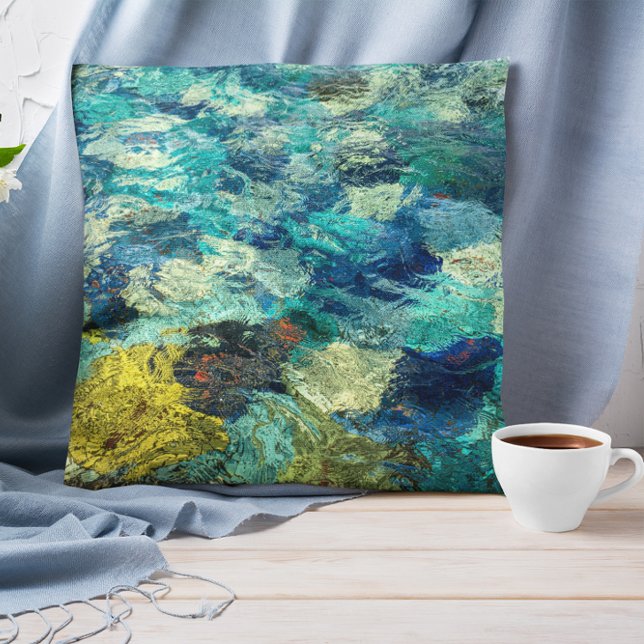 Turquoise and Teal Abstract Watery Paint Pour Throw Pillow (Add your own abstract photo to create a personalized pillow.)