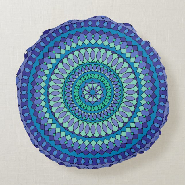 Turquoise and teal blue mandala  round pillow (Back)