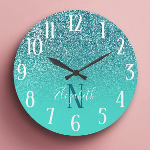 Turquoise and Teal Glitter Ombre Monogram Large Clock