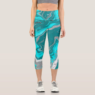Turquoise and Teal Marble Fluid Art Capri Leggings