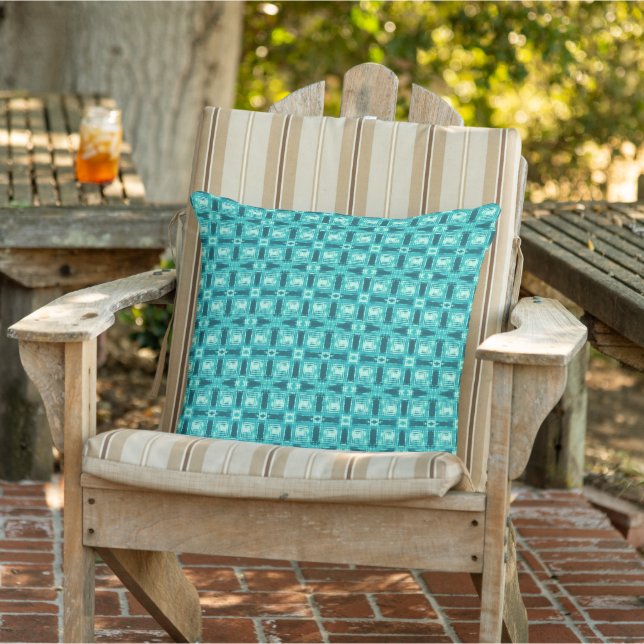 Turquoise and Teal Shibori Plaid Outdoor Pillow (Chair)