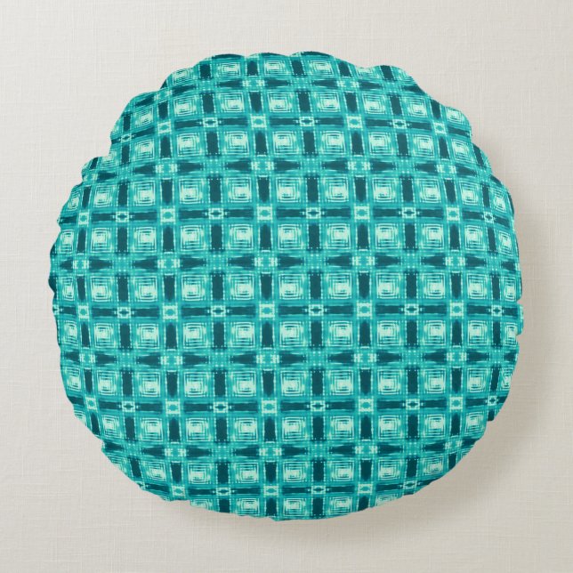 Turquoise and Teal Shibori Plaid Round Pillow (Front)