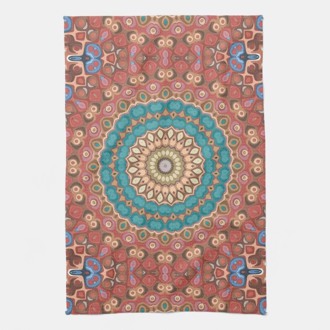 Turquoise and Terracotta Geometric Mandala Pattern Kitchen Towel (Vertical)