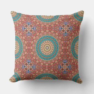 Turquoise and Terracotta Geometric Mandala Pattern Throw Pillow