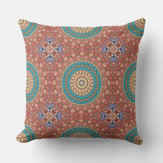 Turquoise and Terracotta Geometric Mandala Pattern Throw Pillow (Front)
