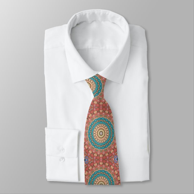 Turquoise and Terracotta Geometric Mandala Pattern Tie (Tied)