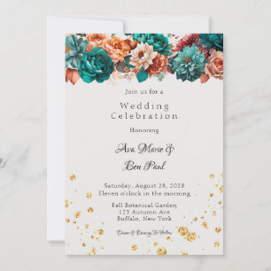 Turquoise and Terracotta Peony Wedding Celebration Invitation