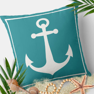 Turquoise and White Anchor Nautical Boat Beach Throw Pillow