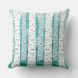 Turquoise and White Birch Trees and Snowflakes Throw Pillow