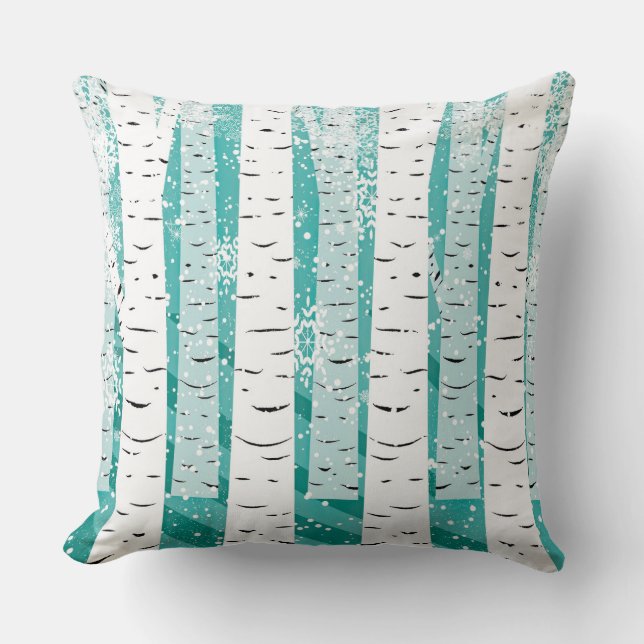 Turquoise and White Birch Trees and Snowflakes Throw Pillow (Front)