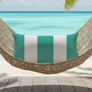 Turquoise and White Cabana Stripes Outdoor Lumbar Pillow