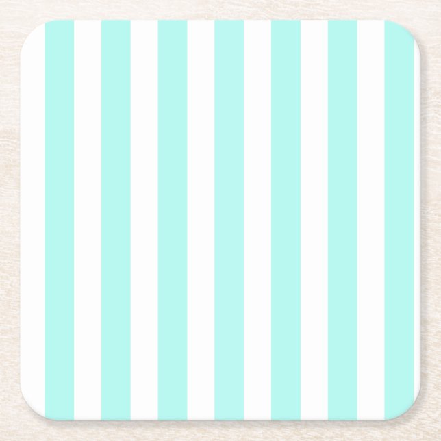 Turquoise and white candy stripes square paper coaster (Front)