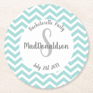 turquoise and white chevron monogram party round paper coaster