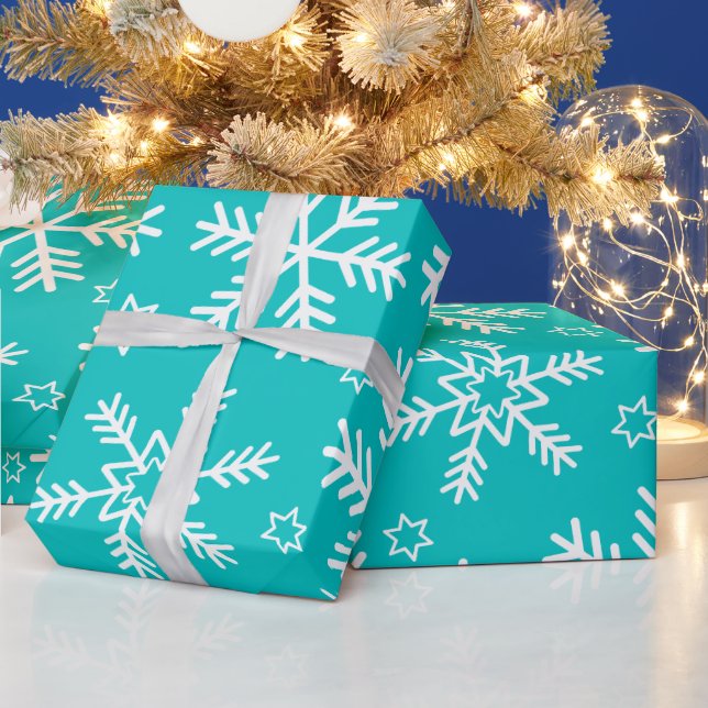 Turquoise and White Christmas Snowflakes Wrapping Paper (Holidays)
