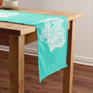 Turquoise And White Coastal Decor Coral Short Table Runner
