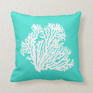 Turquoise And White Coastal Decor Coral Throw Pillow