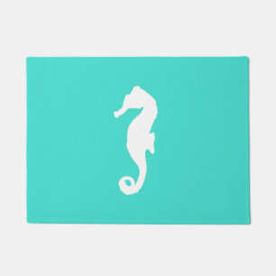 Turquoise And White Coastal Decor Seahorse Doormat