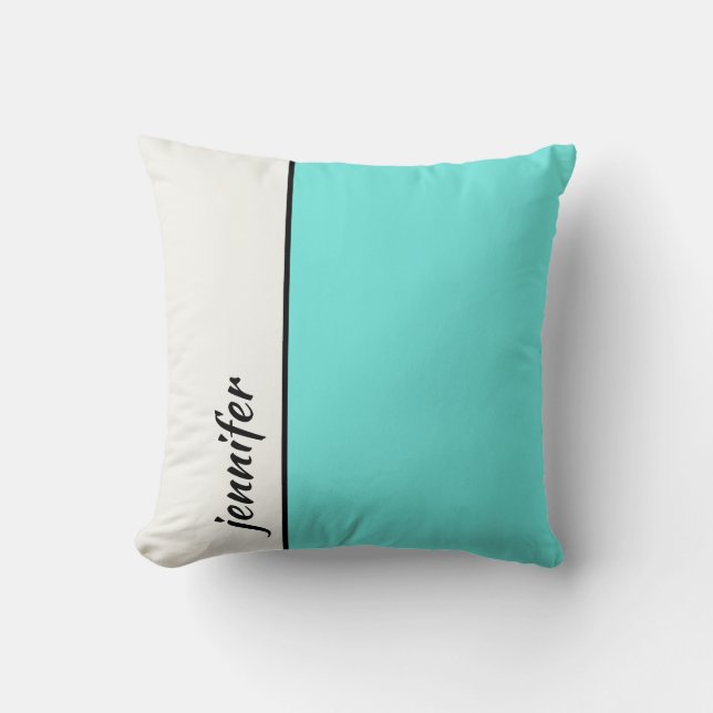 Turquoise and White Colour Block with Your Name Throw Pillow (Front)