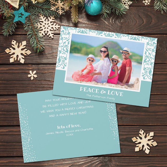 Turquoise and White Damask Christmas Photo Holiday Card (Turquoise and white damask design Christmas photo holiday cards, PRINTED and/or INSTANT DOWNLOAD)