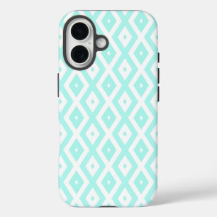 Turquoise and white diamond pattern iPhone 16 case