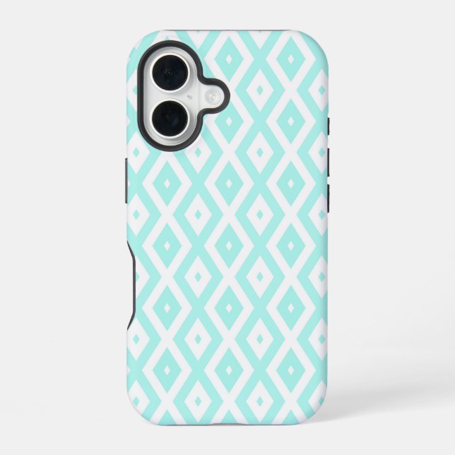 Turquoise and white diamond pattern iPhone 16 case (Back)