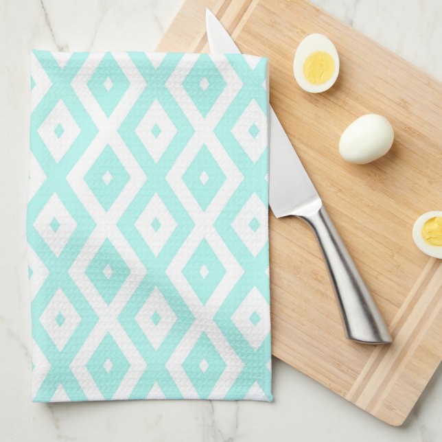 Turquoise and white diamond pattern kitchen towel (Quarter Fold)
