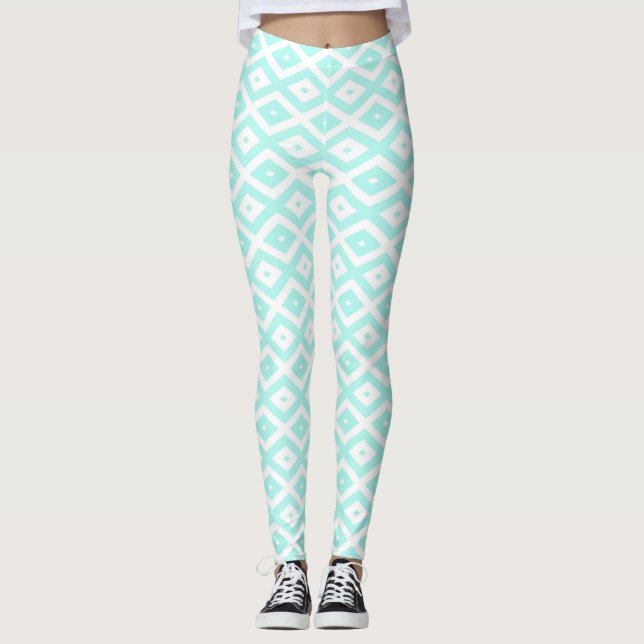 Turquoise and white diamond pattern leggings (Front)