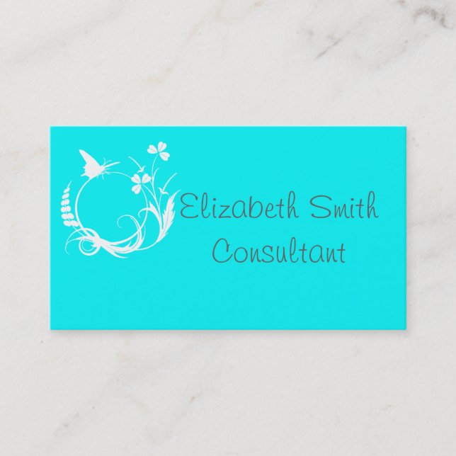 Turquoise and White Floral Butterfly Business Card (Front)