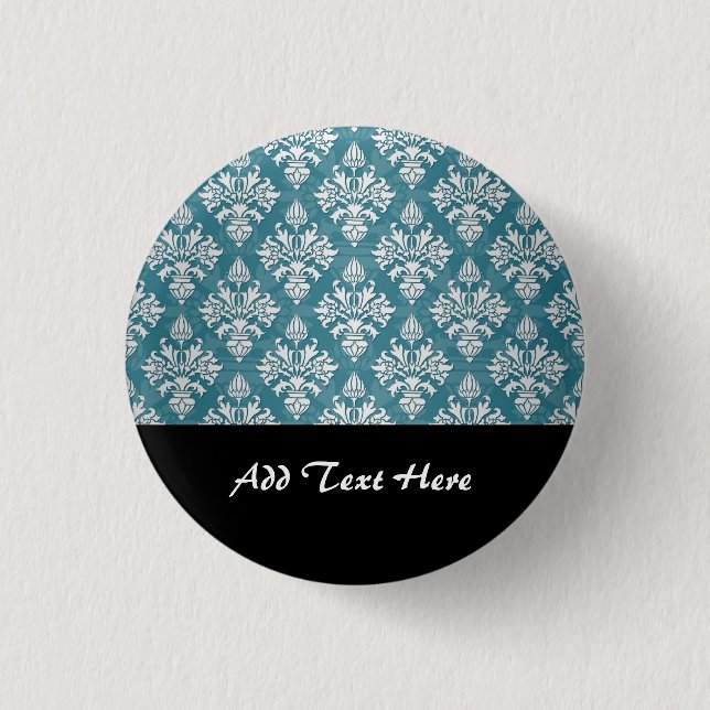 Turquoise and White Floral Damask Pattern 1 Inch Round Button (Front)