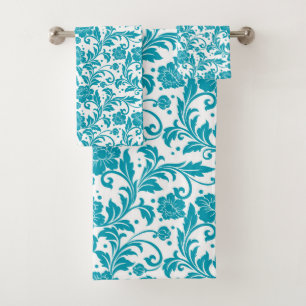 Turquoise and White Floral Damask Pattern Bath Towel Set
