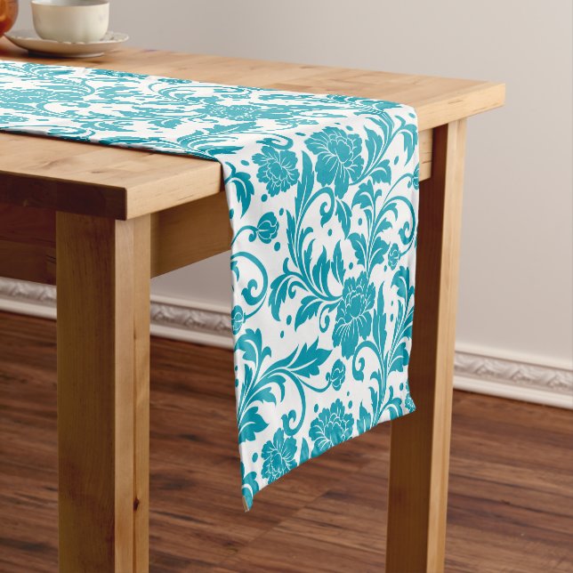 Turquoise and White Floral Damask Pattern Short Table Runner (In Situ)