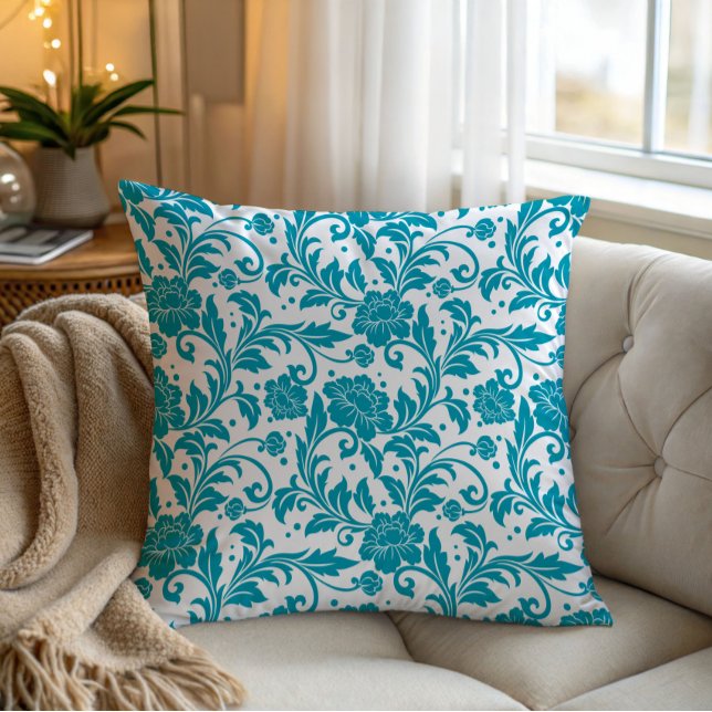 Turquoise and White Floral Damask Pattern Throw Pillow (Creator Uploaded)