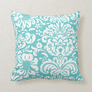 Turquoise and White Floral Damask Throw Pillow