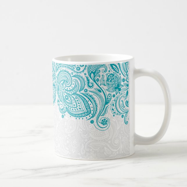 Turquoise And White Floral Paisley Lace Coffee Mug (Right)