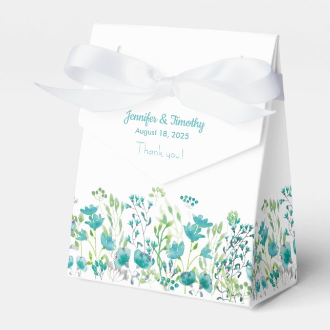 Turquoise And White Floral Personalized Wedding   Favor Box (Front Side)