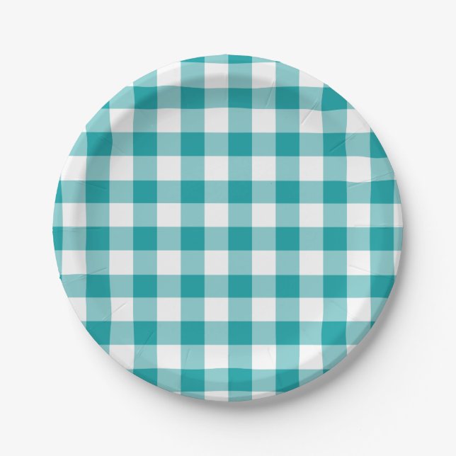 Turquoise and White Gingham Pattern Paper Plate (Front)