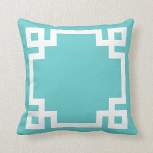 Turquoise and White Greek Key Border Throw Pillow