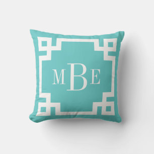 Turquoise and White Greek Key Monogram Throw Pillow