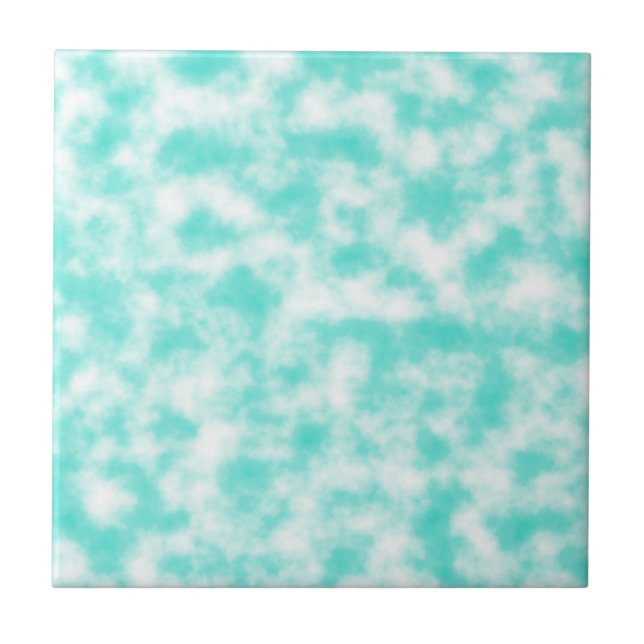 Turquoise and White Marbled Mottled Swirls Clouds Tile (Front)