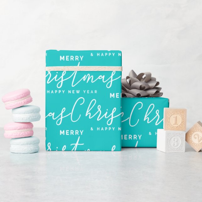 Turquoise and White Merry Christmas Word Art Wrapping Paper (Baby Shower)