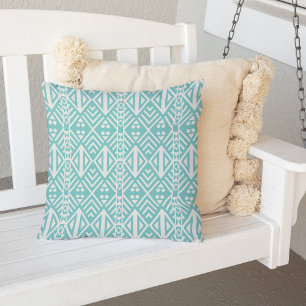 Turquoise and White Modern Aztec Pattern Outdoor Pillow