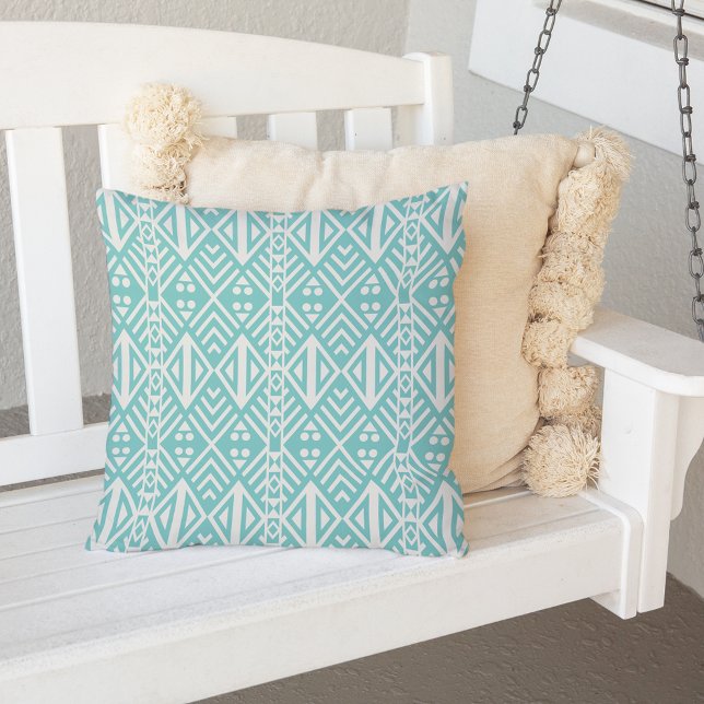 Turquoise and White Modern Aztec Pattern Outdoor Pillow (Creator Uploaded)